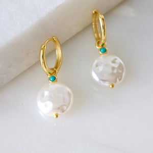 Pearl and Turquoise Huggie Hoop Earrings - Hypoallergenic