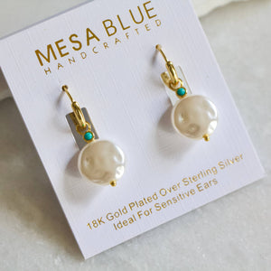 Pearl and Turquoise Huggie Hoop Earrings - Hypoallergenic