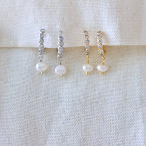 Zircon and Freshwater Pearl Huggie Earrings: GOLD