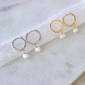 Zircon and Freshwater Pearl Huggie Earrings: GOLD