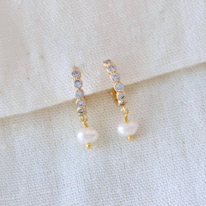 Zircon and Freshwater Pearl Huggie Earrings: GOLD